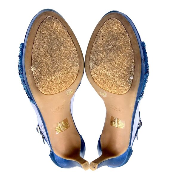 Alex Marie T-Strap Beaded Peep-Toe Dressy Heels Black Tie Fabric 7.5 Navy Blue - Picture 12 of 14